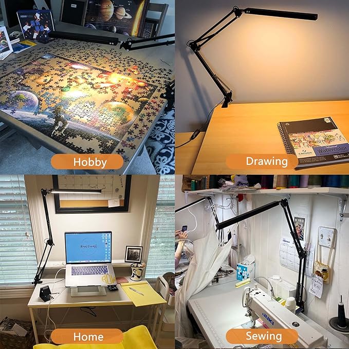 LED Architect Desk Lamp, Metal Swing Arm Dimmable Task Lamp, Eye Care Table Lamp with Clamp (3 Color Modes, 10-Level Dimmer, Memory Function) Highly Adjustable Office, Craft, Workbench Light
