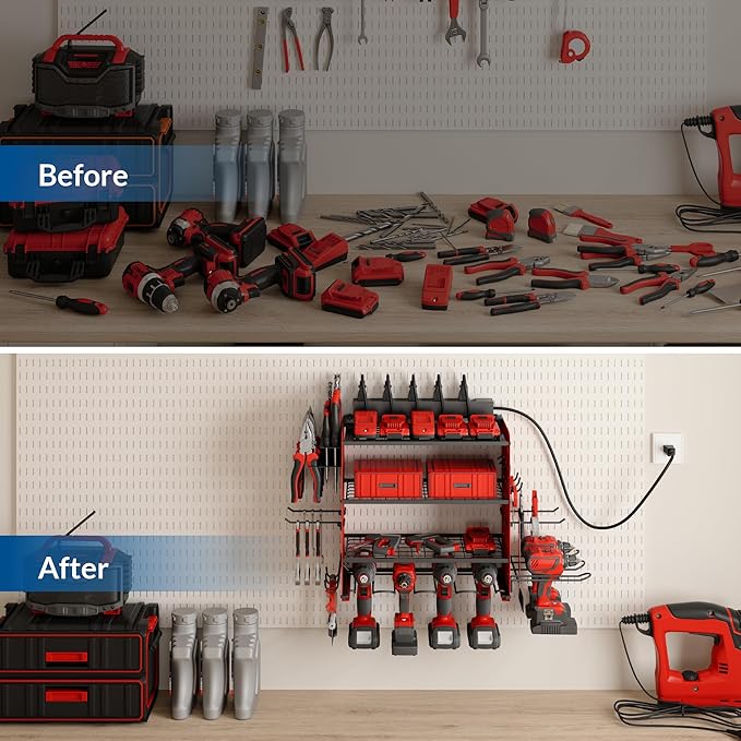 Power Tool Organizer with Charging Station, 4 Layers Garage Storage Rack with 6 Drill Holders, Father's Days Gift For Dad, Wall Mount Garage Organizer Built in 8 Outlets Power Strip, Red