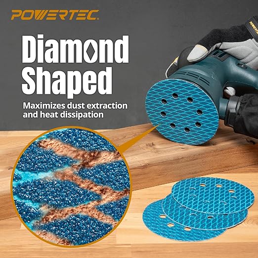 POWERTEC 5 Inch 8-Hole Hook and Loop Diamond Shaped Sanding Discs, 50PK, 80 Grit for Random Orbital Sanders – J-Weight Cloth Backing for Long Life, Anti-Clog Sandpaper (44908)
