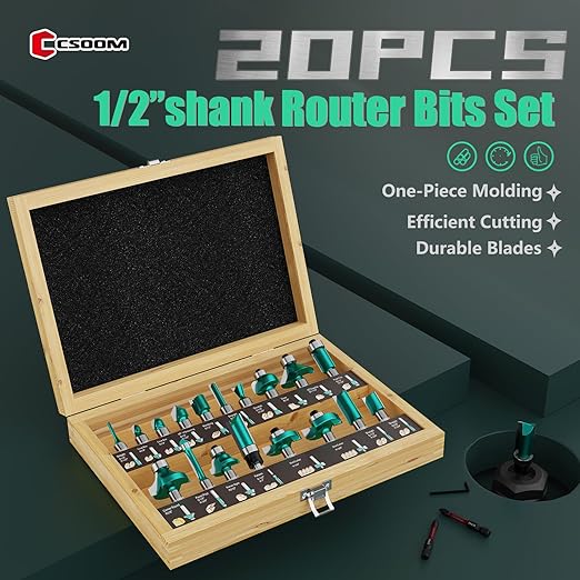 CSOOM 20PCS Router Bits Set, 1/2 Shank, with 2* Batch Head, Professional Wood Bits, Tungsten Carbide Milling Bits for Woodworking