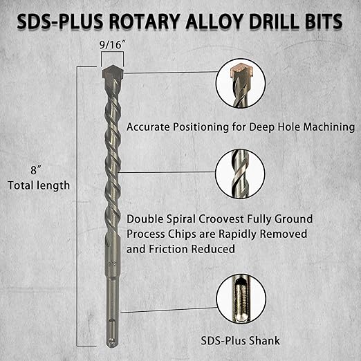 Direko 5-Piece 9/16inch x 8 Inch SDS Plus Rotary Hammer Drill Bits Carbide Tipped Concert Drill Bits for Concrete, Brick, Cement Walls, Stone, Hammer Drill Bits for Concrete