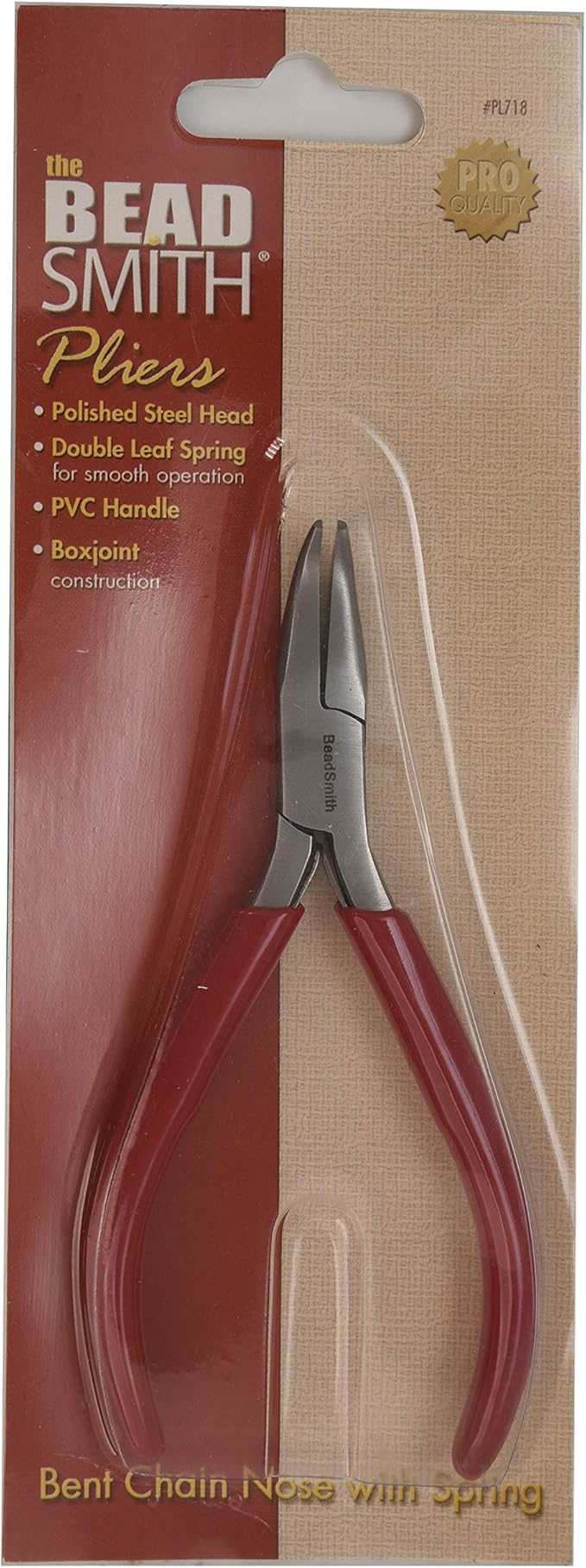 The Beadsmith Slim Line Bent Chain Nose Pliers, 4.75 inches (120mm) with polished steel head, red PVC comfort grip handle with double-leaf spring, tool for jewelry making
