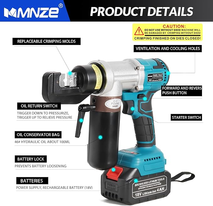 Electric Hydraulic Cable Lug Crimping Tool 6 Ton Hydraulic Electrical Wire Terminal Cable Lugs Crimper Rechargeable Crimping Tool Kits with 8 Dies, 12 AWG to 2/0 AWG