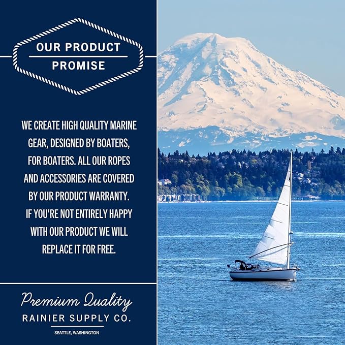 RainierSupplyCo Boat Anchor Rope - Double Braided Marine Rope Anchor Line - 50 ft x 1/4 Inch Nylon Boating Line with 316 Stainless Steel Thimble and Heavy Duty Marine Grade Snap Hook - Navy Blue