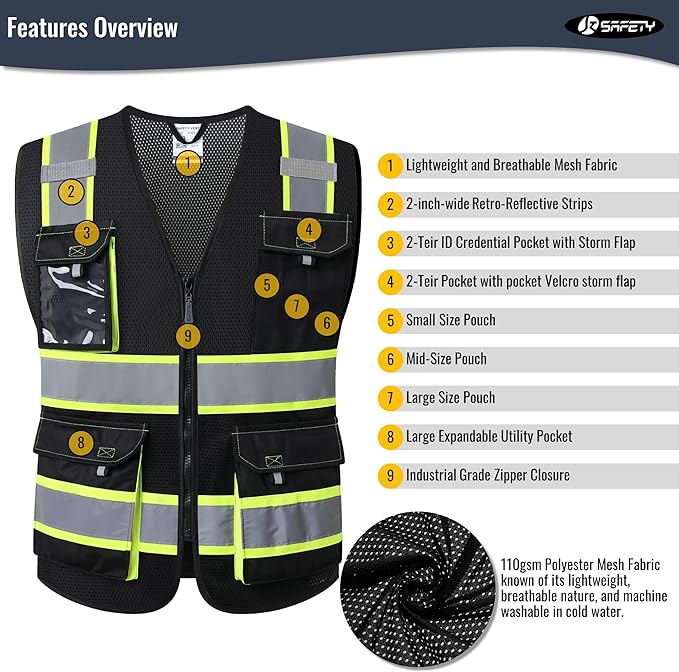 JKSafety Hi Vis Reflective Safety Vests for Men Women High Visibility Vest with Pockets Mesh Fabric Construction Safety Apparel Neon Vest for Work (220-Black M)