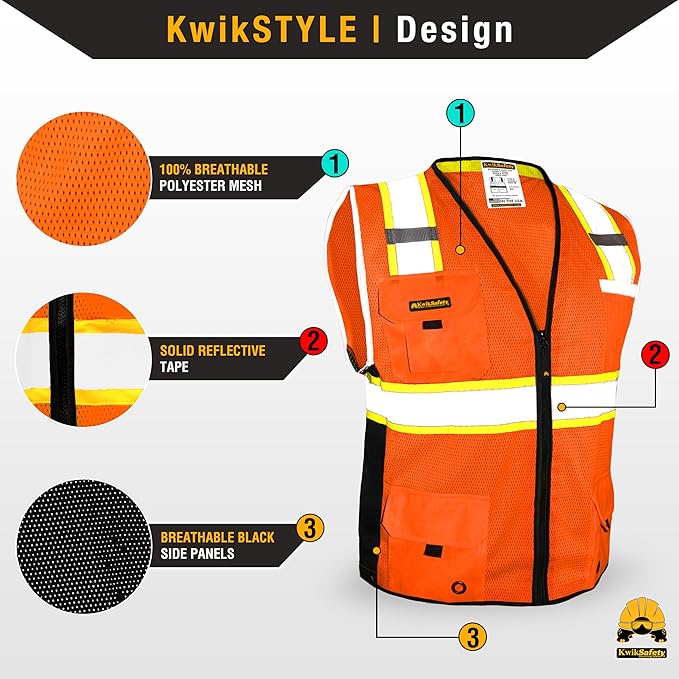 KwikSafety - Charlotte, NC - BIG KAHUNA Safety Vest [2 PACK] Class 2 ANSI OSHA Reflective Vest Durable High Visibility Vest Construction Safety Vest for Men Industrial Work Gear/Orange XL