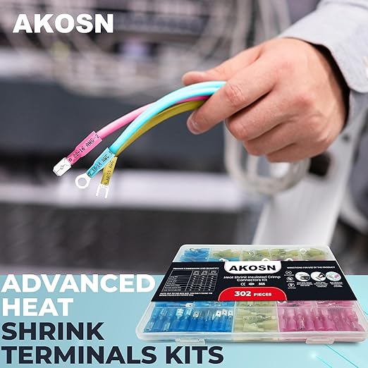 302 Pcs Heat Shrink Wiring Connectors Kits, Eletrical Wire Terminals, Crimp Insulated Connector Assortment- Ring Fork Spade Splices, Waterproof, for Marine, Automotive, 21Size, 16-14 22-18 12-10 Gauge