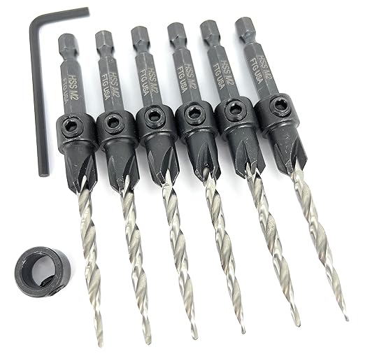 FTG USA Countersink Drill Bit Set for Wood with Tapered Drill Bit 6 Pc #8 (11/64")
