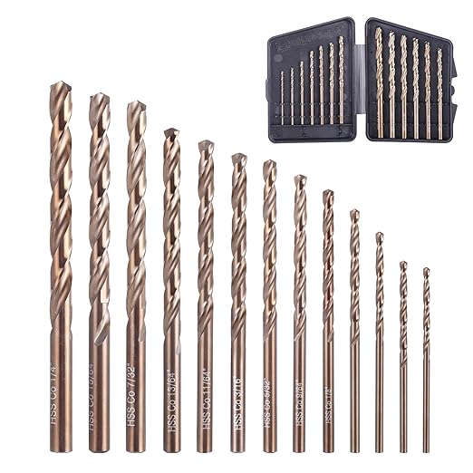 13Pcs Cobalt Drill Bit Set (1/16"-1/4"), High Speed Steel, Twist Jobber Length for Hardened Metal, Stainless Steel, Cast Iron, Wood, and Plastics, with Index Storage Case