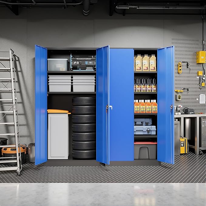 Pataku Metal Storage Cabinet, 72" Garage Cabinet with Doors and Shelves Lockable Steel Multifunctional Cabinets, File Cabinets for Home, Office, Warehouse(Black Blue)