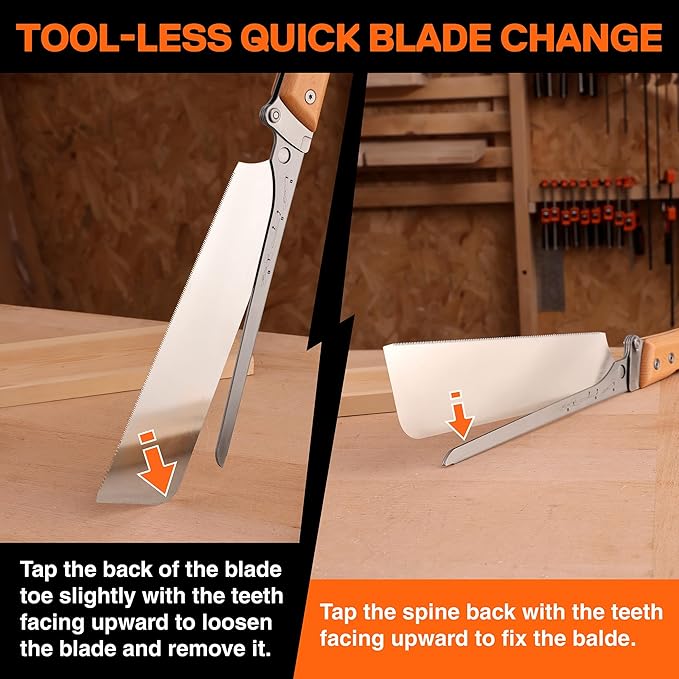 JORGENSEN Japanese Pull Saw, 9.5 Inch Pro Folding Dovetail Saw with Beech Wood Long handle, SK5 Steel Blade Tool-less Quick Change, 21TPI Cross Cut Woodworking Handsaw for Hardwood, Softwood