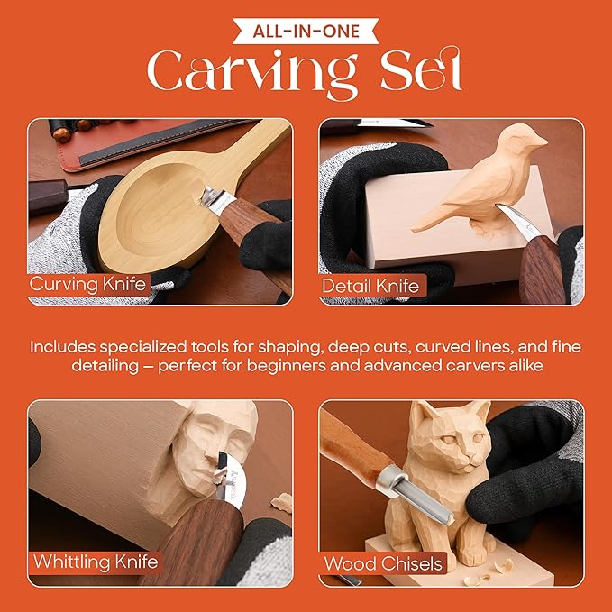 IBANUPRA All-in-One Wood Carving kit Included Wood Carving Knife Set, Whittling Knife Set, Safety Gloves, Sand Paper, Leather Strop, Paint Kit, Compound & Leather Case for Beginners or Professionals