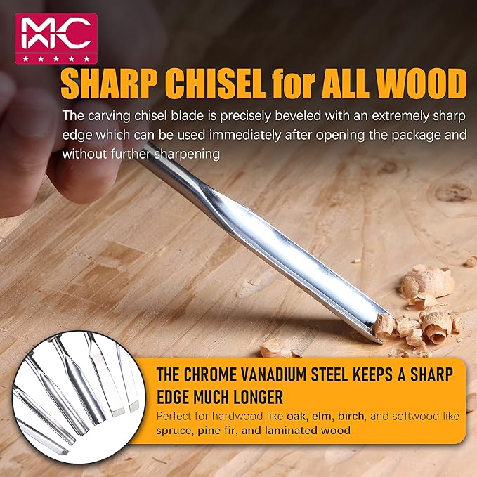Woodworking 11 PC Carving Chisel Set with Wooden Storage Case - Gouges, Chisels and knifes for Hobbyists and Professional Wood Carving Tool