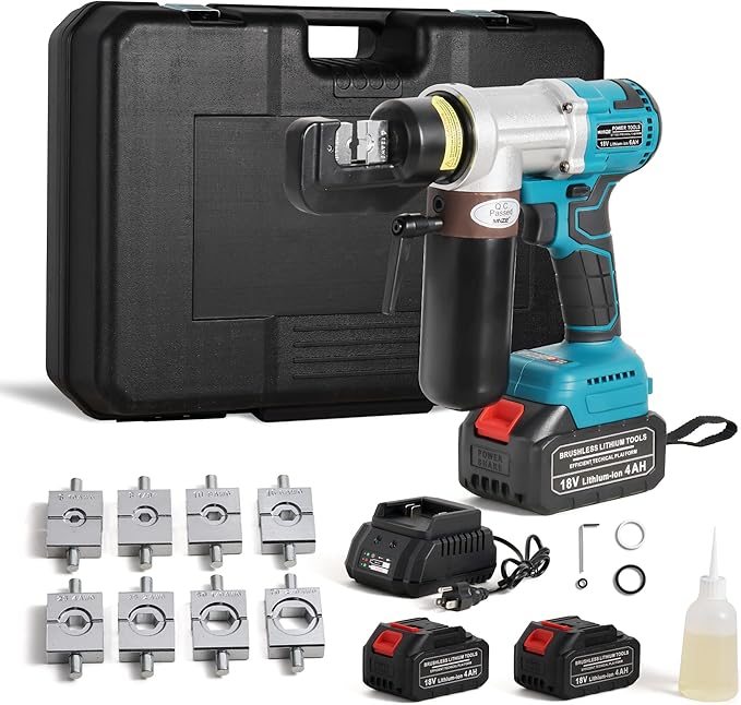 Electric Hydraulic Cable Lug Crimping Tool 6 Ton Hydraulic Electrical Wire Terminal Cable Lugs Crimper Rechargeable Crimping Tool Kits with 8 Dies, 12 AWG to 2/0 AWG