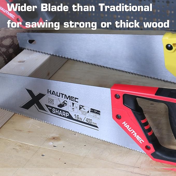 HAUTMEC 16-Inch X-Sharp Pro Hand Saw, Universal Wood Saw with 11 TPI Triple Ground Teeth & Ergonomic Handle,Multi-Purpose Handsaw for Wood, PVC, Plastic – HT0152