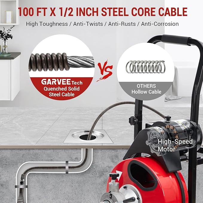 Auto Feed 100 FT x 1/2 Inch Drain Cleaner Machine with 250W Motor, Portable Sewer Snake Auger with 8 Cutters & Air-activated Foot Switch, Fits 1" to 4" Pipes, Black & Red