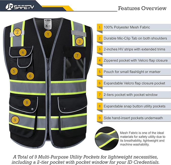 JKSafety 9 Pockets High Visibility Zipper Front MESH Black Safety Vest | Black with Dual Tone High Reflective Strips | ANSI/ISEA Standards (100-Black, XXL)