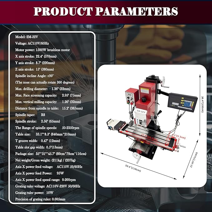 Benchtop Mini Milling Drilling Machine 1500W Brushless Mill Drill with X-Axis Power Feed,3-Axis Grating Ruler,±90° Spindle,50-2250 RPM for Metal/Wood/Plastic Working R8 Spindle 110V