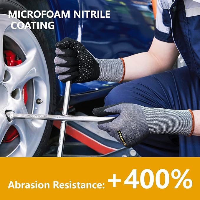Tarantula Safety Work Gloves MicroFoam Nitrile Coated 3 Pairs,Endurance Seamless Knit Nylon,Dots on Palm,Dot Grip Gloves,X-Lagre
