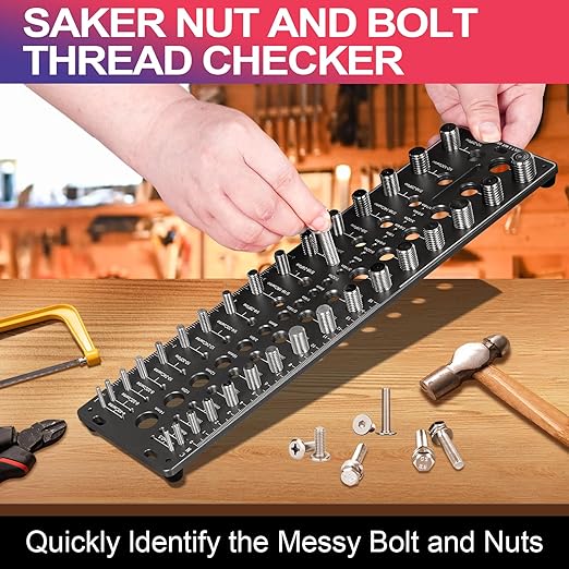 51-in-1 Bolt Size Finder & Thread Checker, 32 Metric & 32 SAE Nut and Bolt Thread Gauge with 19 Drill Bit Checker, CNC-Machined Aluminum Screw Size Chart, Go/No-Go ANSI Standard, Non-Slip Base