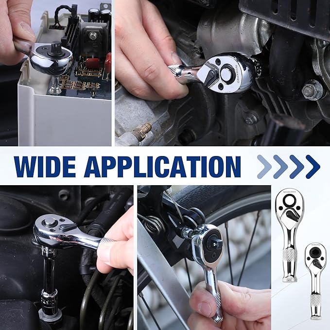 WORKPRO Stubby Ratchet & Bit Driver Set 16 PCS, 1/4", 3/8" Drive Ratchet Handle Wrench, 72-T Quick-Release Reversible Socket Wrench, 2 Socket Adapters, 2 Extension Bars, 10 PCS 1/4" Hex Bits