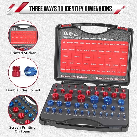 48Pcs Nut and Bolt Thread Checker Kit (25 Standard & 23 Metric), Detachable Bolt Size for Narrow and Tricky Spaces with Sturdy Case ScrewThread Gauge