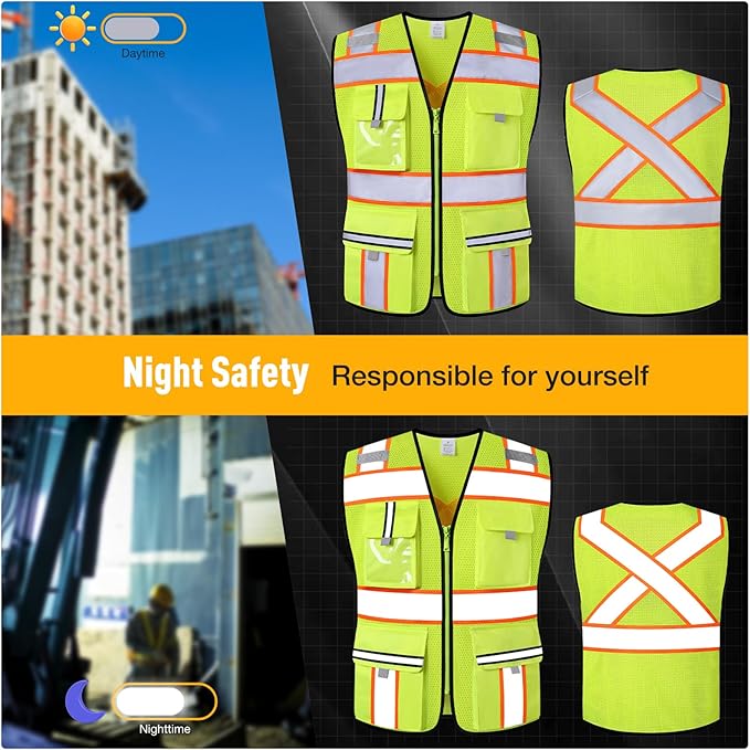 Class 2 Safety Vest with Zipper Front and multiple Pockets, High Visibility Vest, Meets ANSI/ISEA Standards
