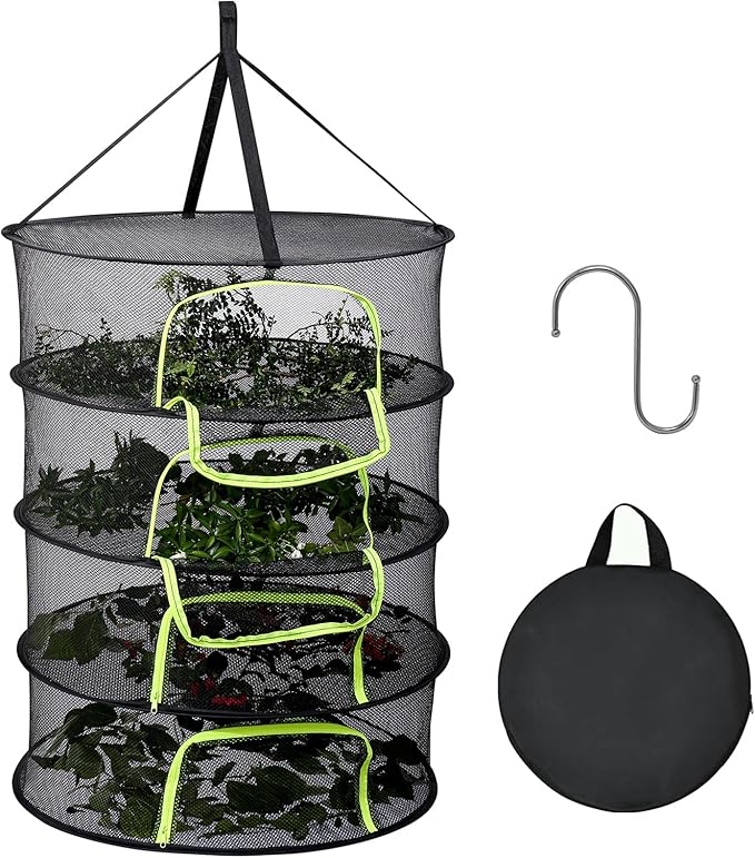 LUKETURE 4-Layer Herb Drying Rack Hanging Mesh Net,Windproof Drying Rack w/U-Zipper Design & Hook - Foldable & Collapsible for Plants, Herbs, Flowers, Fish, Clothes | Save Space | Natural Drying