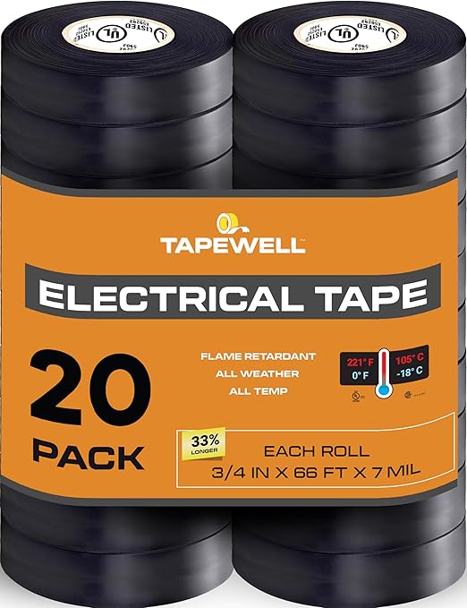Black Electric Tape, Professional Grade 3/4 inch x 66ft, PVC Electrical Insulating Tape for All Weather, U/L Approved, Waterproof, Home Improvement Electrical Equipment, Pack of 20