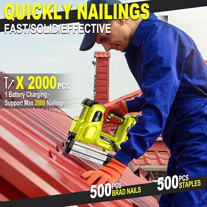 SILVEL 2" Cordless Brad Nailer, 2-in-1 21V Electric Brad Nailer with 2 * 2.0Ah Battery, 1000pcs Nails, 18GA Staples, Adjustable Depth for Woodworking, Home Improvement, Green