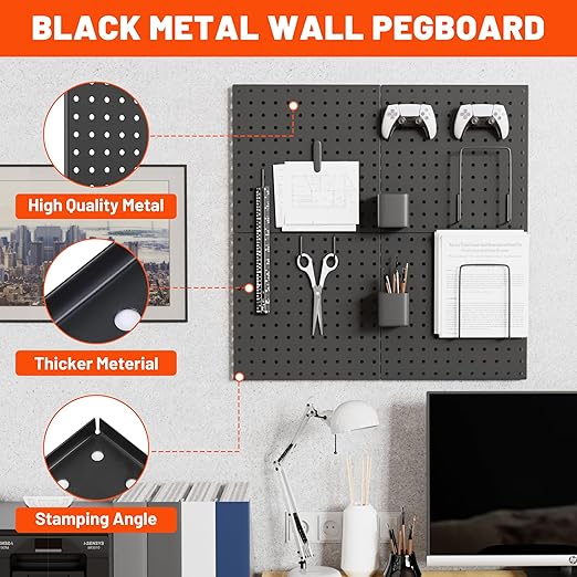 ValueMax 4 Pack Metal Pegboard Panels, 12”x 12” Heavy Duty Metal Pegboard Wall Organizer for Home, Garage, Workbench, Kitchen, Craft Room Tool Storage, Black Modular Peg Board Organizer Board