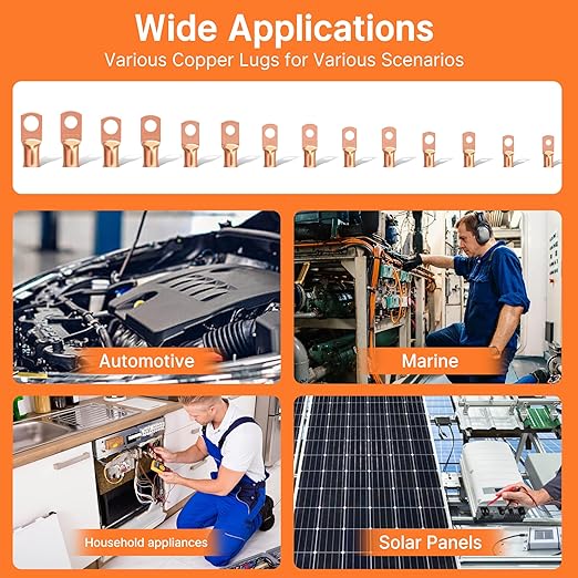 Kuject 120PCS Battery Cable Ends AWG 1 2 4 6 8 1/0 2/0 Gauge, 60PCS Heavy Duty Copper Wire Lugs Kit, Battery Cable Terminal Connectors Assortment with 60PCS 3:1 Heat Shrink Tubing
