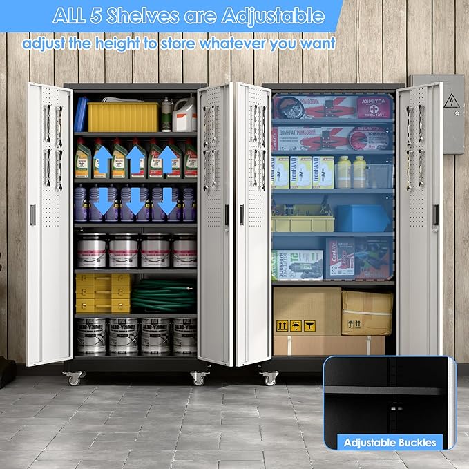 Aobabo Upgrade 71H''*32''W*16''D Metal Garage Storage Cabinet with Wheels and Pegboards, 5 Adjustable Shelves Steel Storage Cabinets for Home,Warehouse,Garage,Assembly Required,Black and Sliver