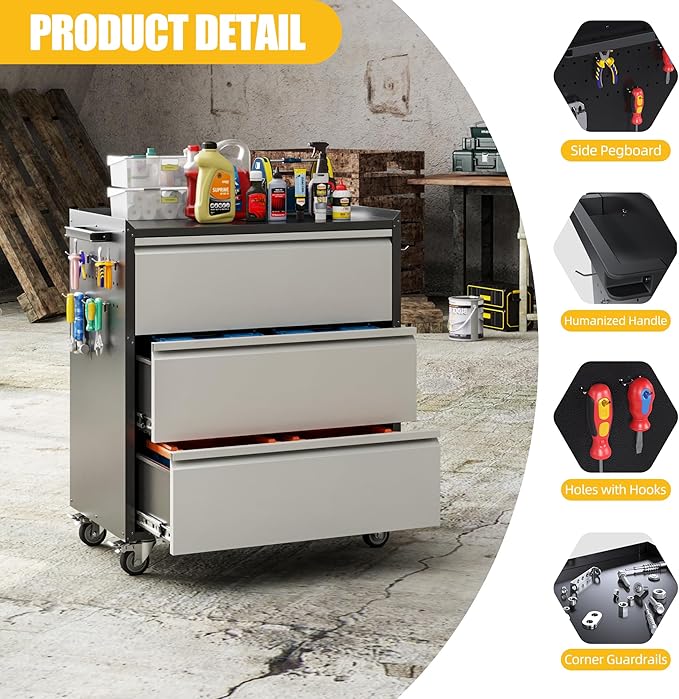 Aobabo Metal Garage Tool Storage Cabinets with Wheels, Steel Cabinet with Drawer, 3 Drawers Rolling Tools Chest Cabinet for Garage, Warehouse, Assembly Required, Black+Grey