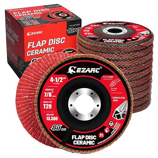 EZARC Ceramic Flap Discs 80 Grit, 4 1/2 x 7/8-Inch Flap Sanding Disc, Type 29 Ceramic Grinding Wheel for Stainless Steel, Non-Ferrous Metal, Cast Iron, Sheet Metal, 10 Pack