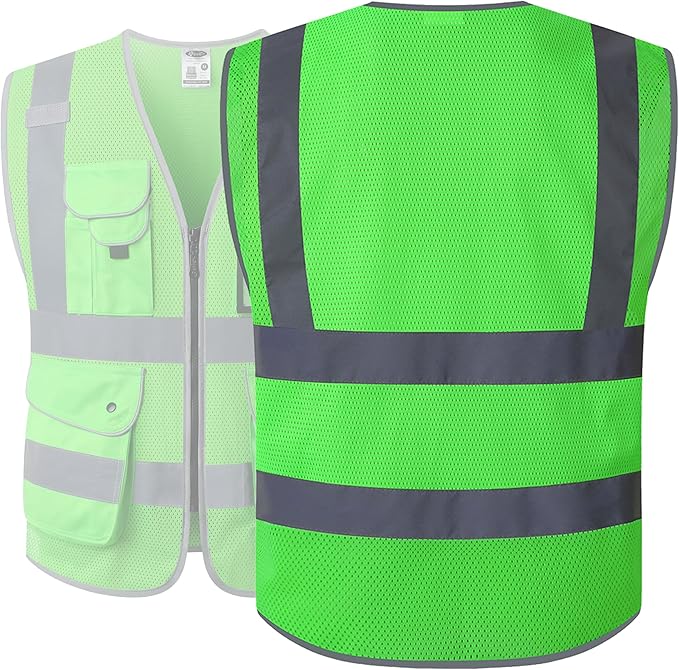 JKSafety 9 Pockets High Visibility Safety Vest for Men and Women, Hi-Vis Reflective Green Safety Vests with Zipper Front, Meet ANSI/ISEA Standards(159-Green 3XL)