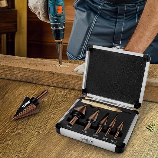 XDENDP Step Drill Bit, 5PCS Step Drill Bit for Metal, HSS Titanium High Speed Steel Step Bit, Step Bits for Metal, Total 50 Sizes with Storage Case, for DIY Lovers Drilling Metal Wood Aluminum Plastic