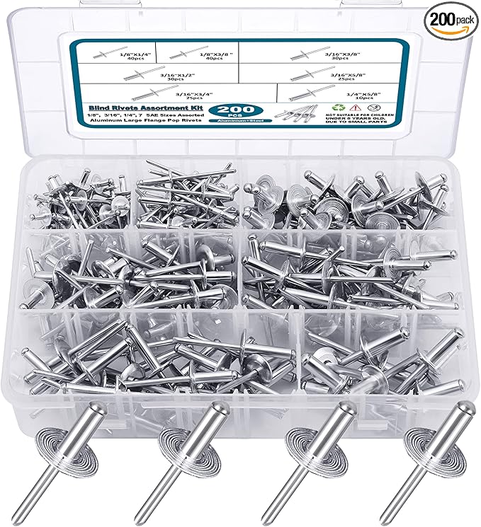 200PCS Pop Rivets Assortment Kit, Large Flange Aluminum Rivets(1/8" 3/16" 1/4") Assorted Blind Rivets with Case