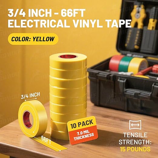 RED WOLF 10 Pack Yellow Electrical Tape 3/4 Inch x 66 Ft Industrial Grade UL/CSA Listed 7 Mil Thick Flame Retardant High Temp Waterproof Electrical PVC Tape Electric Super Vinyl Rated 600V