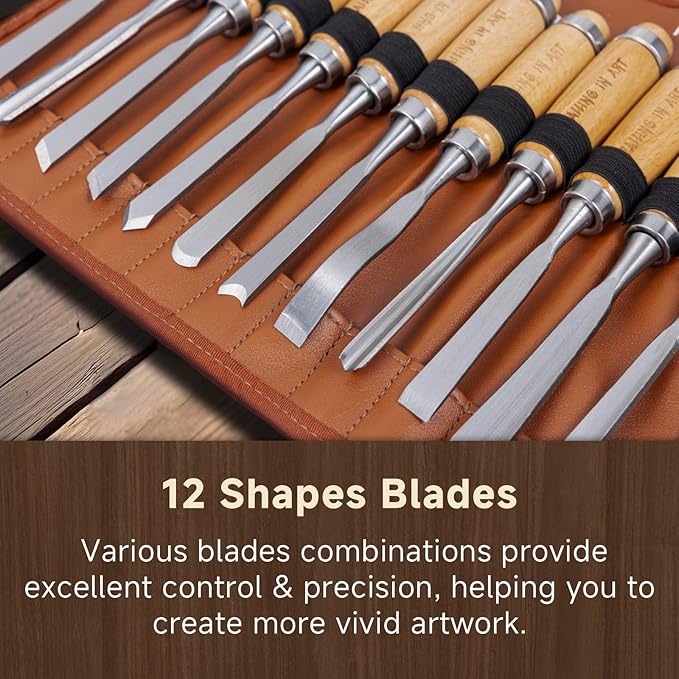Falling in Art 12Pcs Wooden Carving Chisel Set, Woodworking Tools Set with a Leather Pouch, Full Size Knife Gouge Kit for Carving Projects, Ideal for Beginners and Professionals