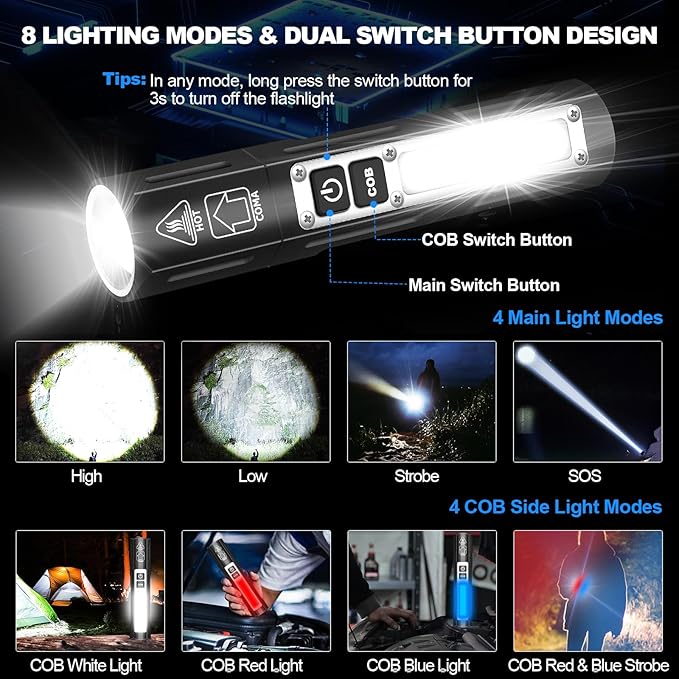 Rechargeable Magnetic Flashlights 20000 High Lumens - Super Bright Long Beam LED Powerful Small Flashlight 8 Modes with COB Work Light, Dual Button Tactical Pocket Flashlight for Camping Emergency