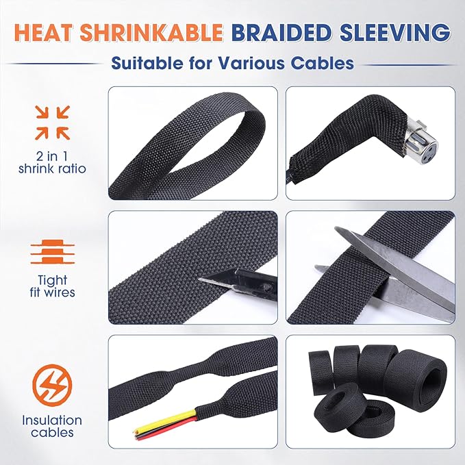 2:1 Heat shrinkable Braided Sleeving Fabric Wire Loom High Temp Heat Shrink Wiring Harness Abrasion Protector Cable Sleeve(1"-15ft)
