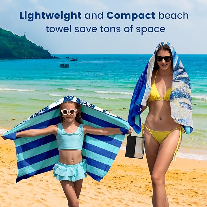 2 Pack Microfiber Beach Towel Oversized 71"x32" Sand Free Quick Dry Absorbent Lightweight Thin , Compact Towels for Travel Swimming Pool Yoga Gym Camping Beach Accessories Vacation Essentials Gift