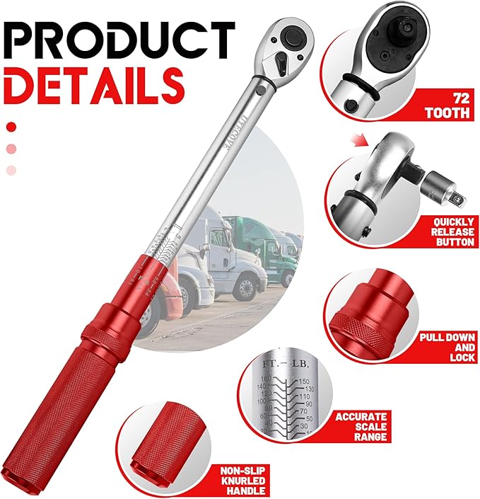 1/2-Inch Drive Click Torque Wrench, Torque Wrench 1/2 Drive 10-160FT.LB/13.6-217N.M with a XIPE Storage Tray, Red
