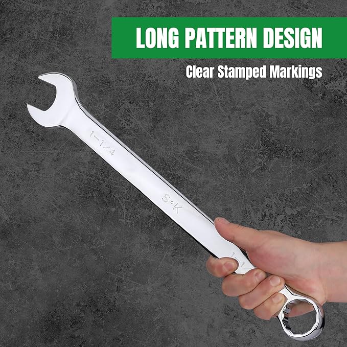 SK Long Pattern Combination Wrench Set, SAE 15/16" to 1-1/4", 5-Piece, SuperKrome Finish, Premium CR-V Construction, with Rolling Pouch