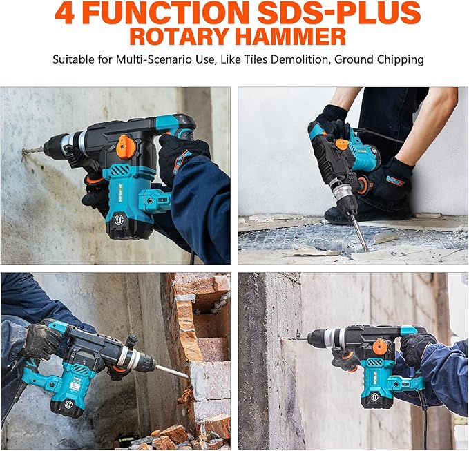 Berserker 1-1/4" SDS-Plus Rotary Hammer Drill with Vibration Control,Safety Clutch,12.5 Amp 4 Functions Corded Rotomartillo for Concrete-Including 3 Drill Bits,Flat Chisel,Point Chisel,Carrying Case
