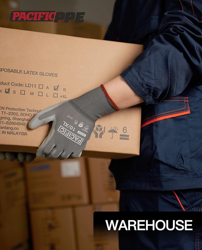 PACIFIC PPE Work Gloves for Men and Women, Touchscreen, 18 Pairs Bulk Pack Mechanic Gloves, PU Coated, Mens Gardening Gloves, Lightweight, Grey, Medium