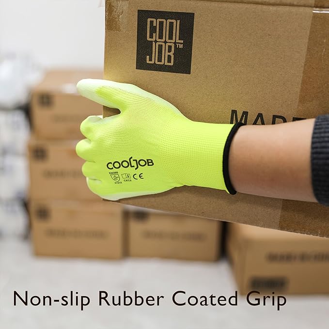 COOLJOB 12/60 Pairs Safety Work Gloves Pack Bulk with Grip PU Coating, 13 Gauge Seamless Knit Gloves with Polyurethane Dipped for Warehouse Working, Breathable Lightweight for Men Women, Yellow Small