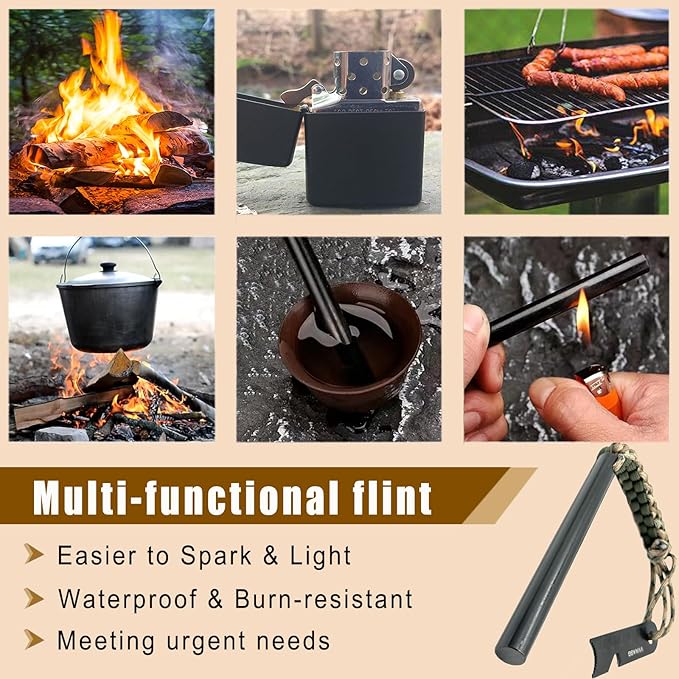 VVAAGG Flint and Steel Fire Starter Kit Survivor, 3/8" 1/2 inch Ferro Rods and Magnesium Rods with Paracord Handle