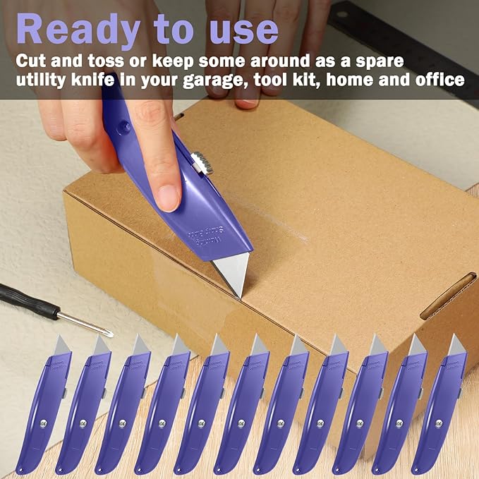 Reginary 20 Pcs Box Cutter Bulk Retractable Utility Knife Heavy Duty Aluminum Alloy Razor Knife for Cardboard Box Carton Opener for DIY, Factory, Home Office(Purple)